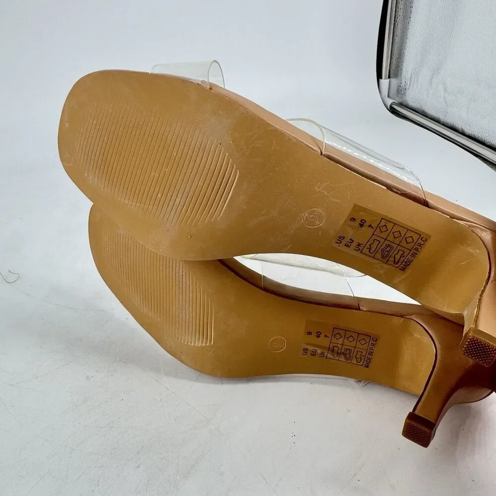 Greatonu Women’s Size 9 Clear Strap Heeled Sandals Nude Tan Square Toe